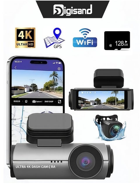 Dash Cam 4k Front,Built-In Wifi Dash Camera For Cars,GPS,Dashcam With App,170°Wide Angle,Night Vision,Wdr,G-Sensor,Free 128g SD Cardداش كام