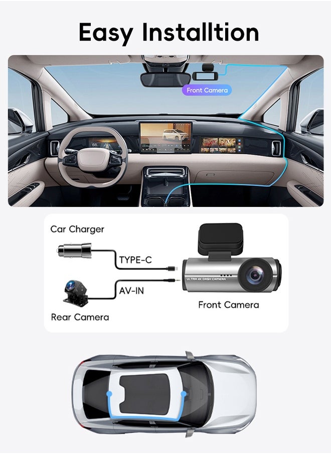 Digisand - Dash Cam 4k Front,Built-In Wifi Dash Camera For Cars,GPS,Dashcam With App,170°Wide Angle,Night Vision,Wdr,G-Sensor,Free 128g SD Cardداش كام - Image 1