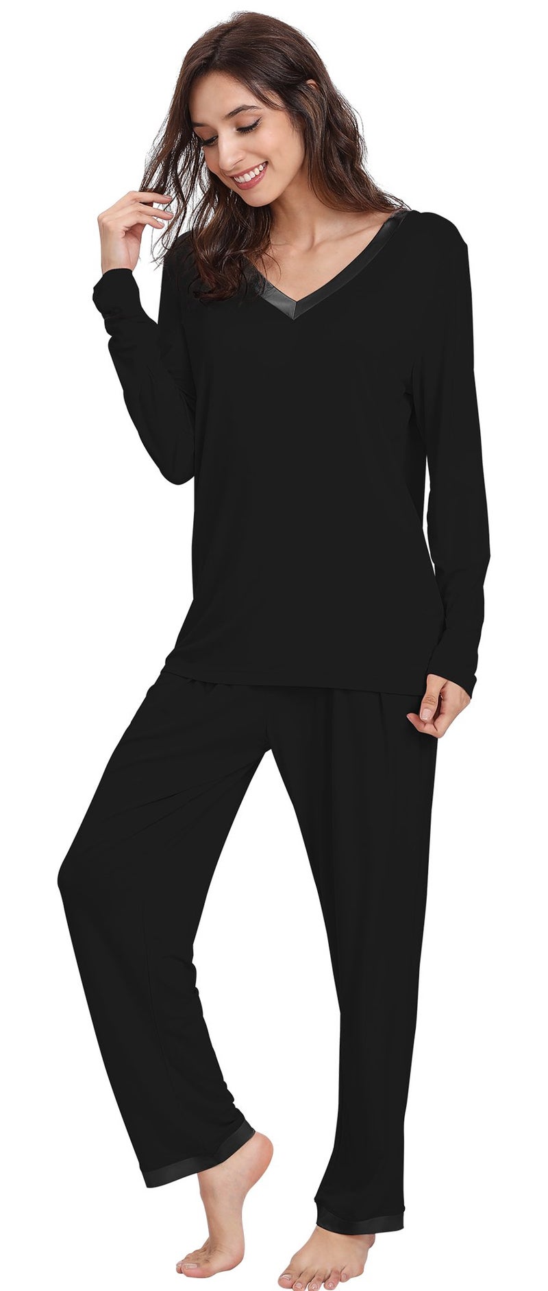 GYS Viscose from Bamboo Womens Pajama Sets Super Soft Long Sleeve Sleepwear Comfy Winter Pjs Sets S4X Black Medium