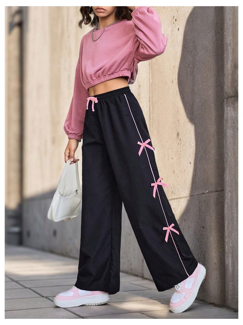 WDIRARA Girl's Bow Side Waist Track Pants Cute Wide Leg Trousers Black 10Y - Image 5