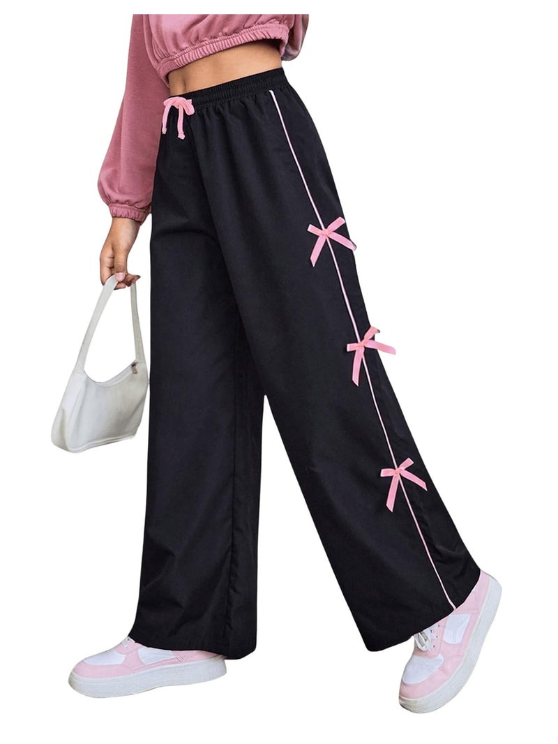 WDIRARA Girl's Bow Side Waist Track Pants Cute Wide Leg Trousers Black 10Y - Image 1