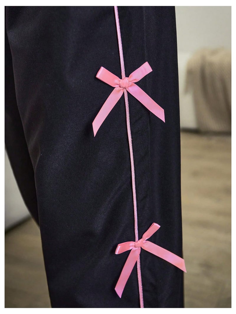 WDIRARA Girl's Bow Side Waist Track Pants Cute Wide Leg Trousers Black 10Y - Image 4