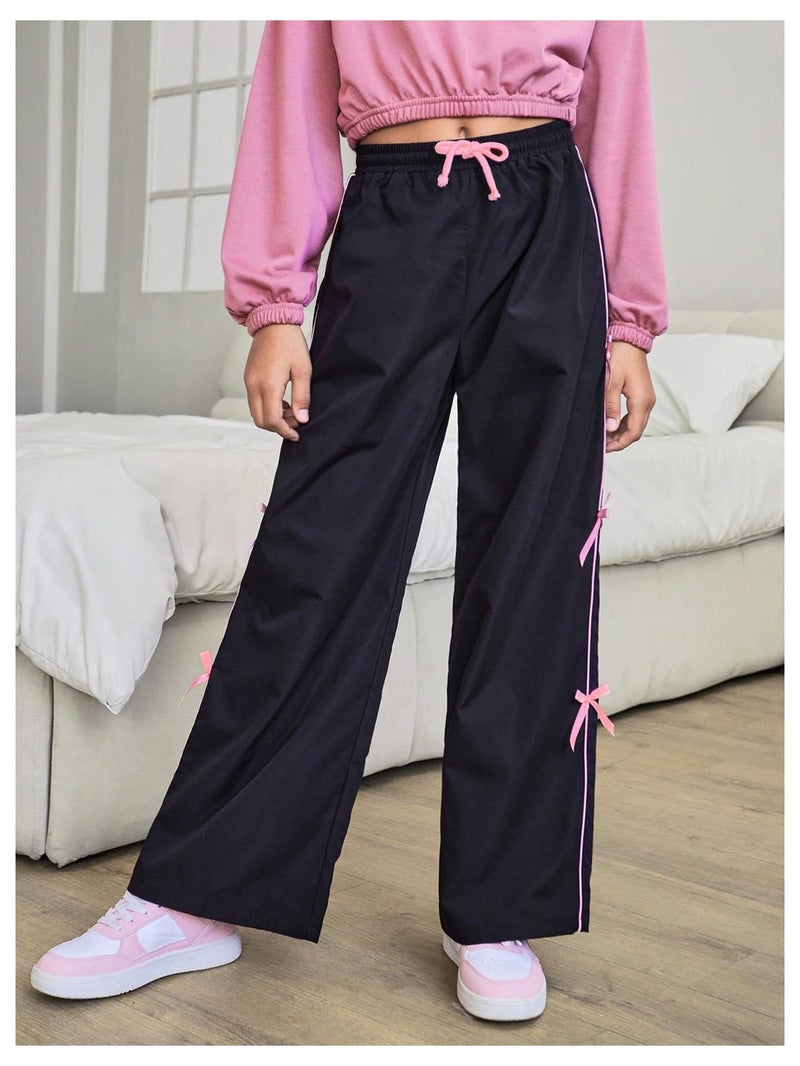 WDIRARA Girl's Bow Side Waist Track Pants Cute Wide Leg Trousers Black 10Y - Image 3