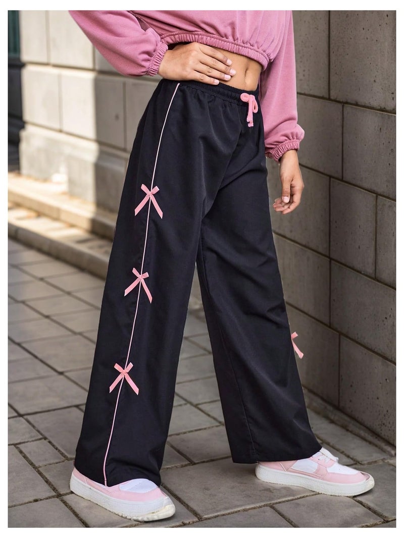 WDIRARA Girl's Bow Side Waist Track Pants Cute Wide Leg Trousers Black 10Y - Image 2