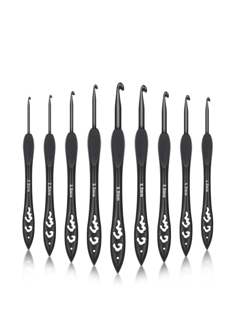 9 Sizes Crochet Hooks, Black Crochet Needles, Ergonomic Soft Grip Aluminum Crochet Hook Set, Lightweight Knitting & Crochet Supplies, for Arthritic Hands Beginners Kids Adults 2.0mm(B)-6.0mm(J)  - Image 1