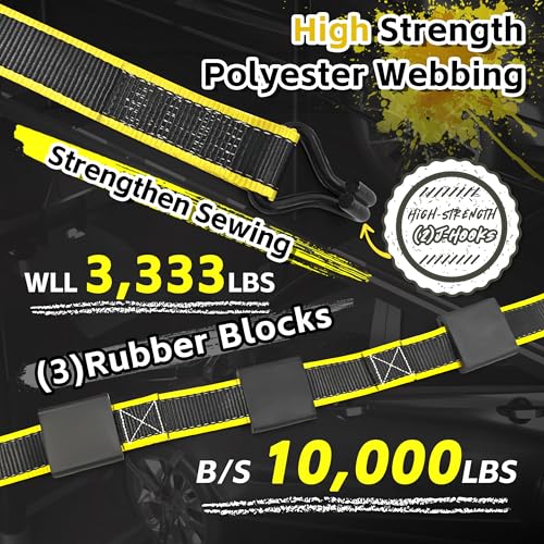 KJE Reflective Car Tie Down Straps for Trailers 4 Pack- Premium Tire Ratchet Strap with (3) J Hooks (3) Rubber Blocks - 2" x 10' 10,000LBS Break Strength - Wheel Straps for Hauling UTV, SUV, Any Cars - Image 5