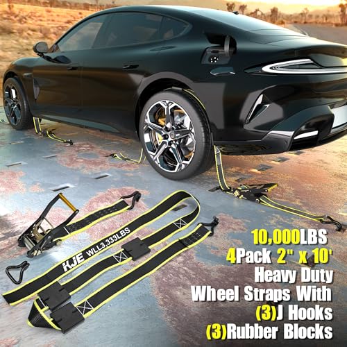 KJE Reflective Car Tie Down Straps for Trailers 4 Pack- Premium Tire Ratchet Strap with (3) J Hooks (3) Rubber Blocks - 2" x 10' 10,000LBS Break Strength - Wheel Straps for Hauling UTV, SUV, Any Cars - Image 2