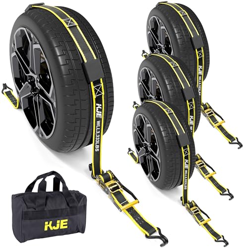 KJE Reflective Car Tie Down Straps for Trailers 4 Pack- Premium Tire Ratchet Strap with (3) J Hooks (3) Rubber Blocks - 2" x 10' 10,000LBS Break Strength - Wheel Straps for Hauling UTV, SUV, Any Cars - Image 1