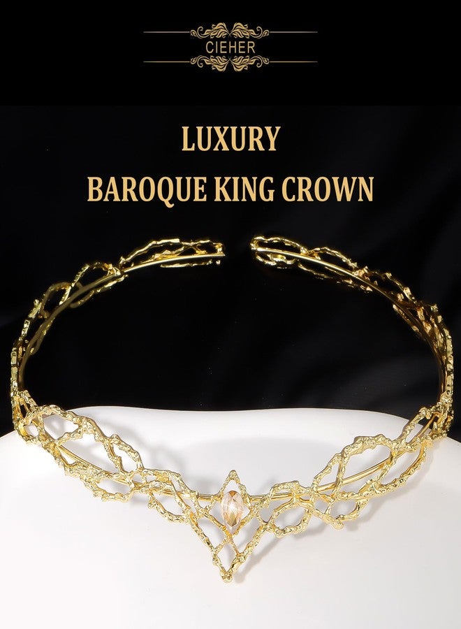 CIEHER King Crown, CIEHER Vintage Hobbit Elf King Gold Crown Shape Champagne Crystal, Gold Tiara Costume Headbands for Women Men, Crowns for Men Birthday Party Prom Wedding - Image 2