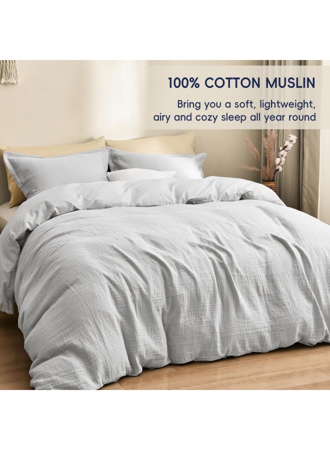 PHF PHF 100% Cotton Muslin Duvet Cover Set King Size, Breathable Linen Like Guaze Textured Bedding Comforter Cover Set 3 Pieces for All Season, Soft Duvet Cover with 2 Pillow Shams, 104"x90", Light Grey  - Image 2