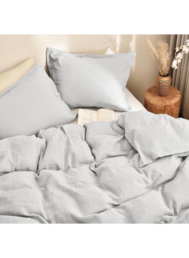PHF PHF 100% Cotton Muslin Duvet Cover Set King Size, Breathable Linen Like Guaze Textured Bedding Comforter Cover Set 3 Pieces for All Season, Soft Duvet Cover with 2 Pillow Shams, 104"x90", Light Grey  - Image 1