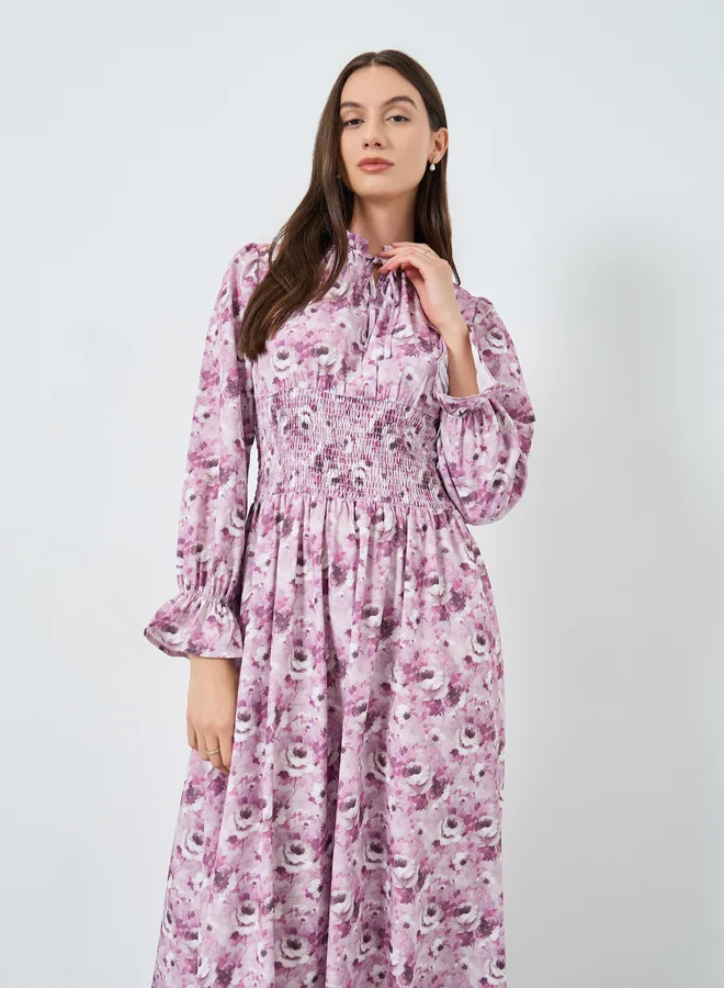Take Two Take Two Floral Print Smocking Detail Maxi Dress