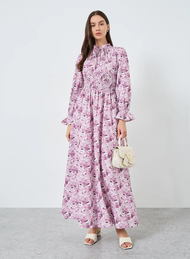 Take Two Take Two Floral Print Smocking Detail Maxi Dress
