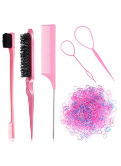 Patelai 1505 Pcs Hair Brush And Comb Set Tail Comb Edge Brush Teasing Comb Brush 1500 Pcs Mini Rubber Bands Elastic Hair Bands 2 Pcs Hair Tail Braiding Tools For Women Girls (Pink)  - Image 2
