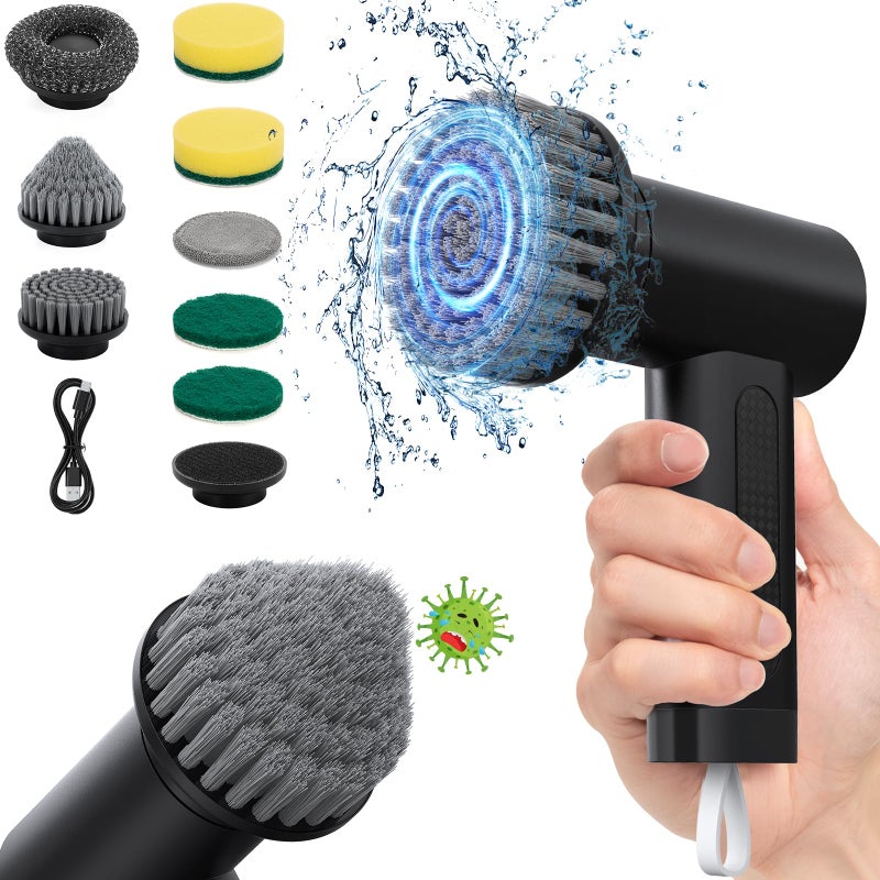 StarVal Electric Spin Scrubber 3000 mAh Cordless Power Scrubber with 8 Replaceable Heads Dual Speed Lightweight Handheld Scrubber for Cleaning StoveBowlSinkCornerTileGrout Black