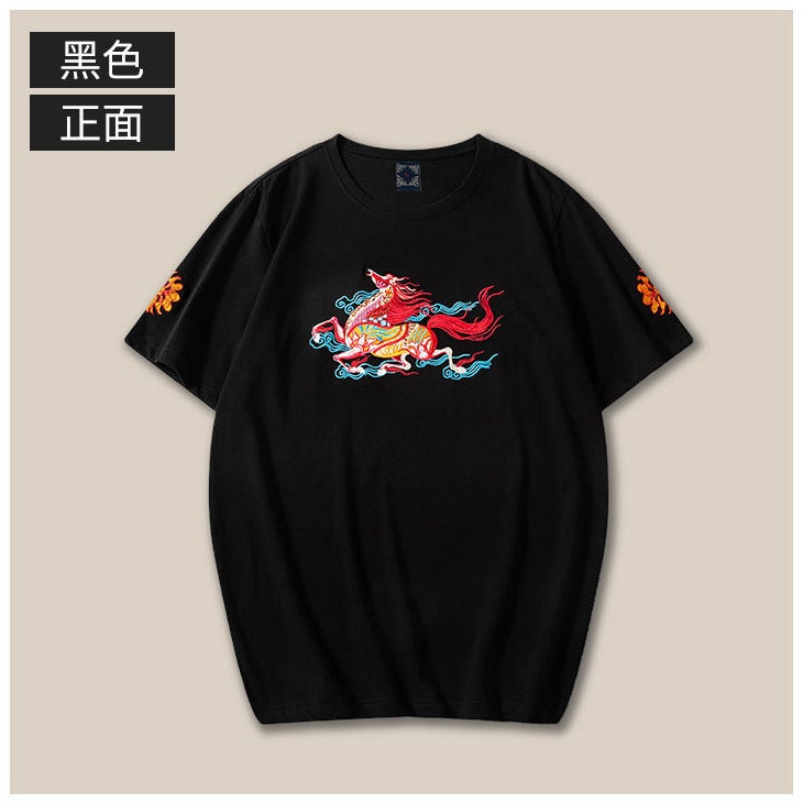 In-Stock Embroidered Short-Sleeve Men'S Pure Cotton T-Shirt, Plus-Size National Trend Summer Loose Casual Couple'S Shirt, Trendy National Style - Image 2
