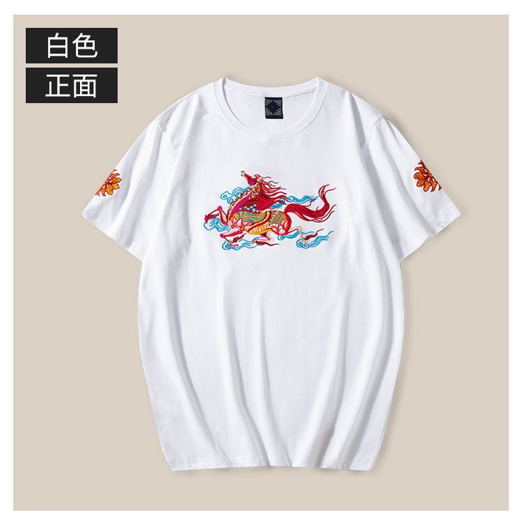 In-Stock Embroidered Short-Sleeve Men'S Pure Cotton T-Shirt, Plus-Size National Trend Summer Loose Casual Couple'S Shirt, Trendy National Style - Image 1