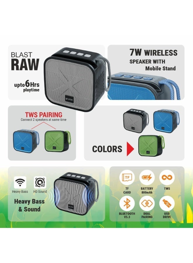 UNIX Blast Raw 7W Wireless Bluetooth Speaker | Fast Bluetooth Connectivity with TWS Paring Mode | 6hrs Playtime with Deep Bass | TF Card & USB Support | Inbuilt Phone Stand | Green - Image 2