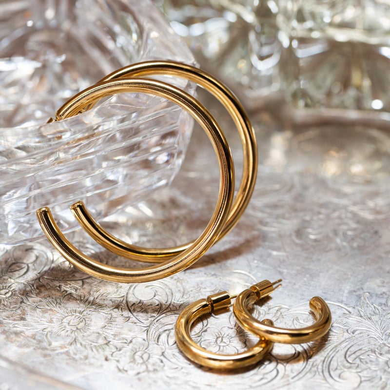 BESTOW Designer Gold and Silver Hoop Earrings for Women: 18K Gold Plated, Hypoallergenic, Waterproof, Non-Tarnish in 3 Sizes: 1 in, 2 in, 2.75 in [Gold, 2 in] - Image 4