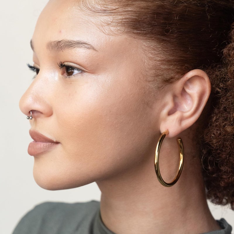 BESTOW Designer Gold and Silver Hoop Earrings for Women: 18K Gold Plated, Hypoallergenic, Waterproof, Non-Tarnish in 3 Sizes: 1 in, 2 in, 2.75 in [Gold, 2 in] - Image 2