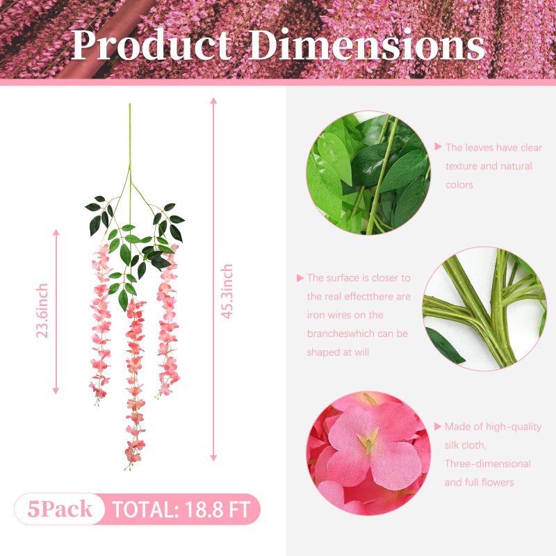 ZEBMOON 5 Pack Dark Pink Wisteria Hanging Flowers  Dark Pink 3.77 Ft Fake Hanging Flowers  Dark Pink Artificial Wisteria Garland  Pink Wisteria Flower Vines  Pink Wisteria Garland for Backdrop Wedding Decor - Image 3