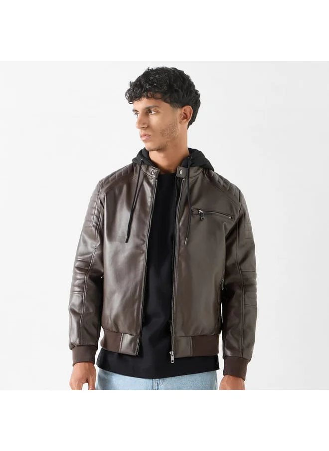 Lee Cooper Lee Cooper Solid Zip Through Biker Jacket with Hood and Pockets