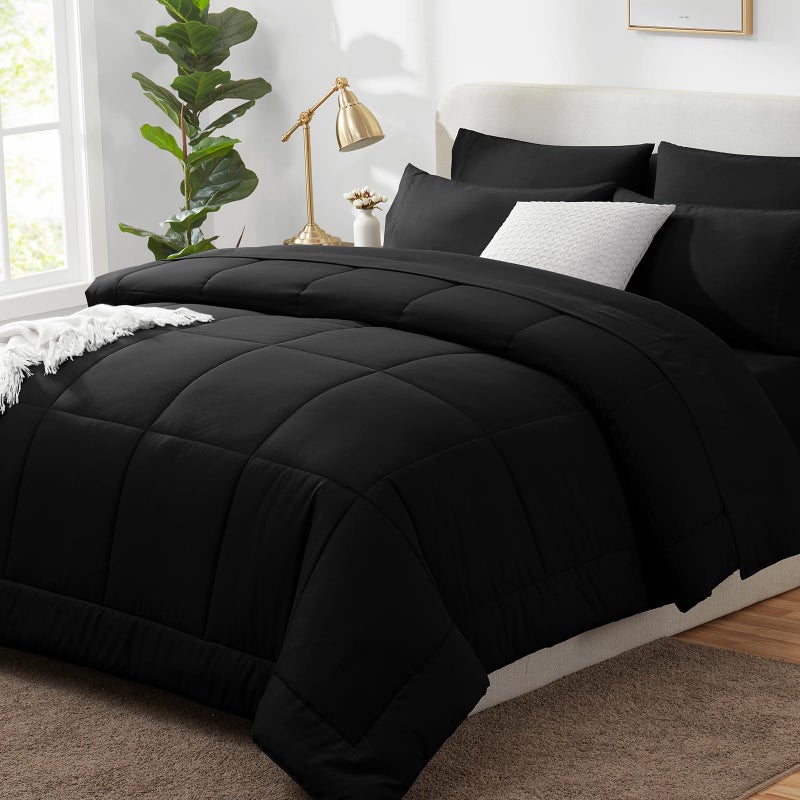 CozyLux Full Size Comforter Sets Black 7 Pieces Bed in a Bag Black Comforter Full Size All Season Bedding Sets with Stitch Quilted Comforter Flat Sheet Fitted Sheet Pillowcases