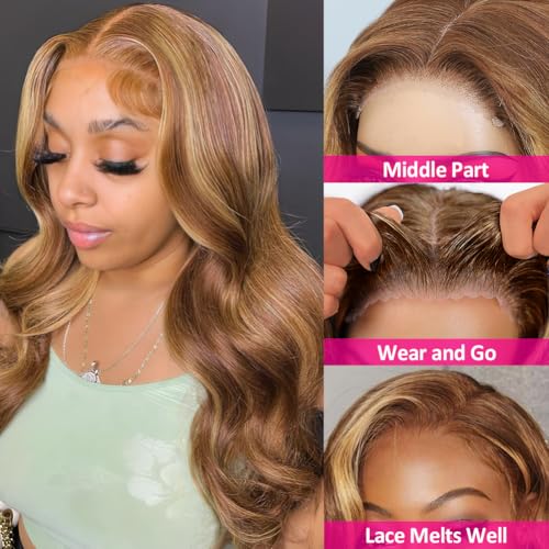 Hedy 427 Ombre Highlight Wear and Go Glueless Wigs Human Hair Pre Plucked Pre Cut Pre Bleached Small Knots 150 Density Colored Body Wave Human Hair Wigs for Women Glueless 24 Inch HD Lace - Image 5