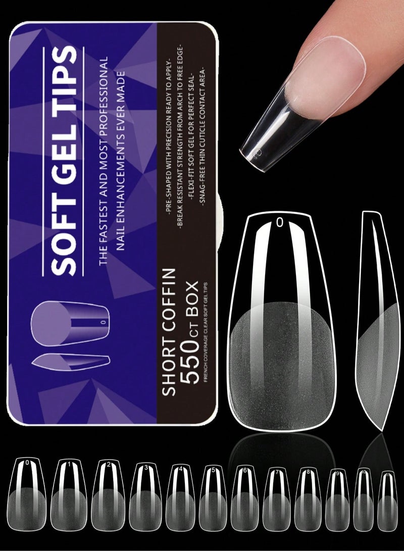 550pcs Short Coffin Soft Gel Nail Tips - Semi-Frosted Transparent Press-On Nails for DIY & Salon, Easy to Use with UV Gel, French Design Artificial Nails, 12 Sizes with Storage Box, Nail Extension, Short Coffin - Image 1