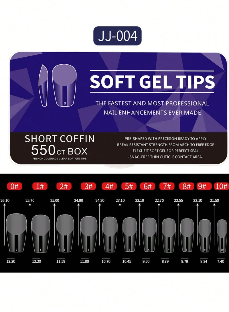 550pcs Short Coffin Soft Gel Nail Tips - Semi-Frosted Transparent Press-On Nails for DIY & Salon, Easy to Use with UV Gel, French Design Artificial Nails, 12 Sizes with Storage Box, Nail Extension, Short Coffin - Image 2