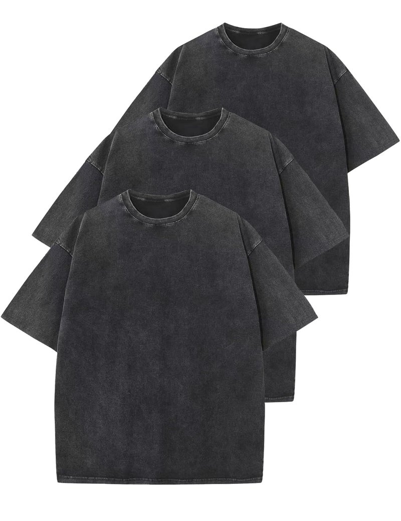 Arssm 3 Pack Men Oversized T Shirts Vintage Tee Loose Fit Short Sleeve Casual Streetwear Baggy Washed Unisex Tops(BlackBlackBlack-XXL) - Image 1