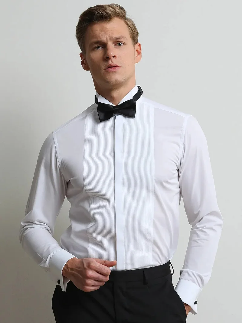 Kip White Plain Slim Fit Double Cuff Wing Collar Tuxedo Shirts