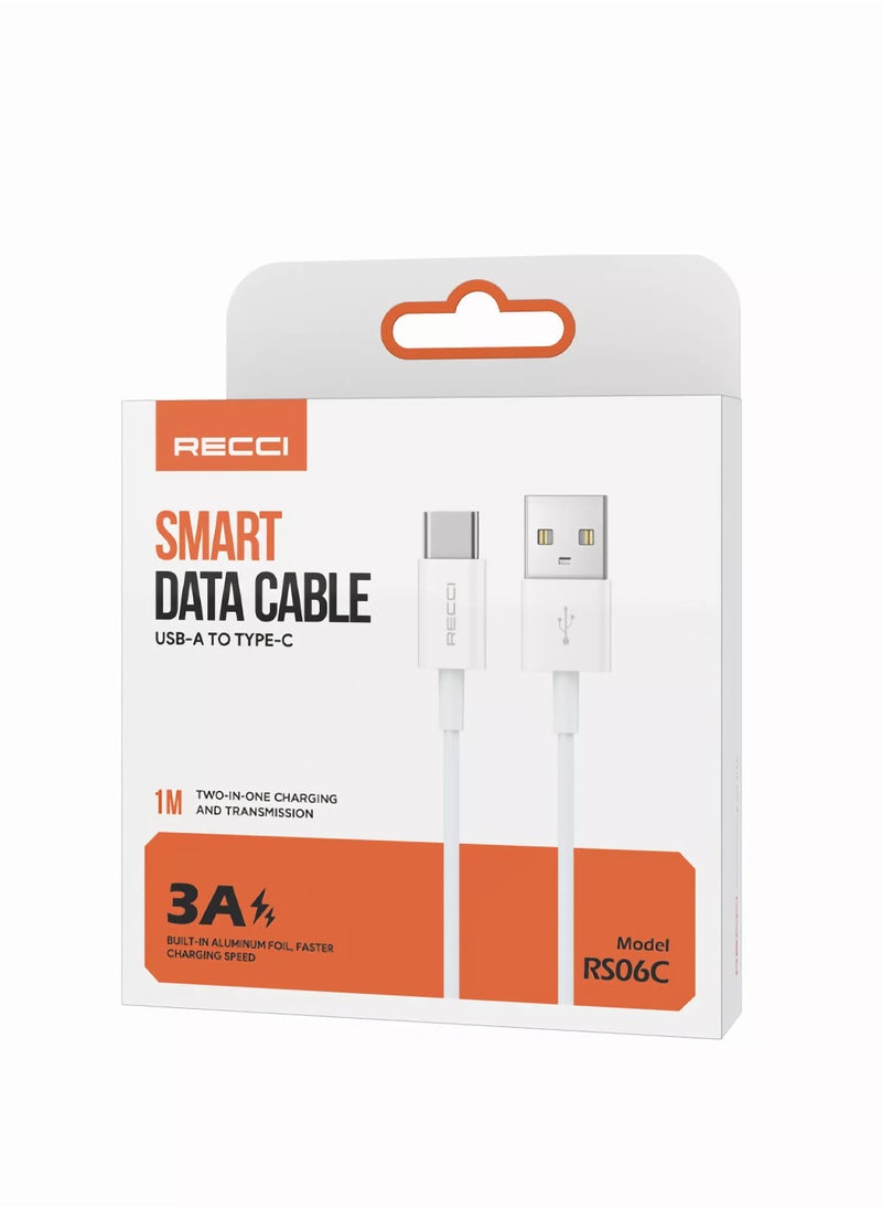 Recci - Type C Cable 3A Fast Charging Cable USB A to C Data Cable Durable and Anti Swing Compatible for iPhone15/16 Huawei Xiaomi White 1M - Image 1