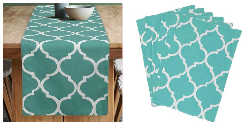Dekor World Ogee Printed Aqua Table Runner with 4 Pcs Place Mat (33x120cm/33x47cm) (Pack of 5 Pcs)-4 Seater Dinning & Center Table - Image 1