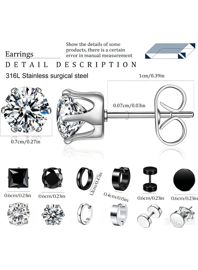 Folanry Unisex 12 Pairs  Stainless Steel Earrings Set, Black & Silver CZ Stud Earrings & Hoop Earrings, Hypoallergenic Ear Piercing Jewelry for Men Women Boys Girls, Gift Set - Image 3