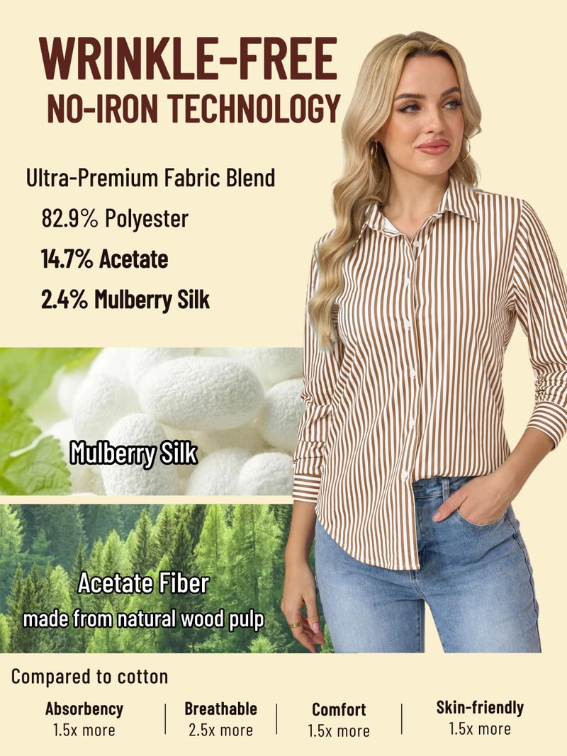 COUXILY Striped Button Down Shirts Business Casual Outfits for Women Dress Long Sleeve Silk Shirt Formal Blouses Collared Office Work Dressy Up Tops Blouse Wrinkle Free Brown and White Size L - Image 3