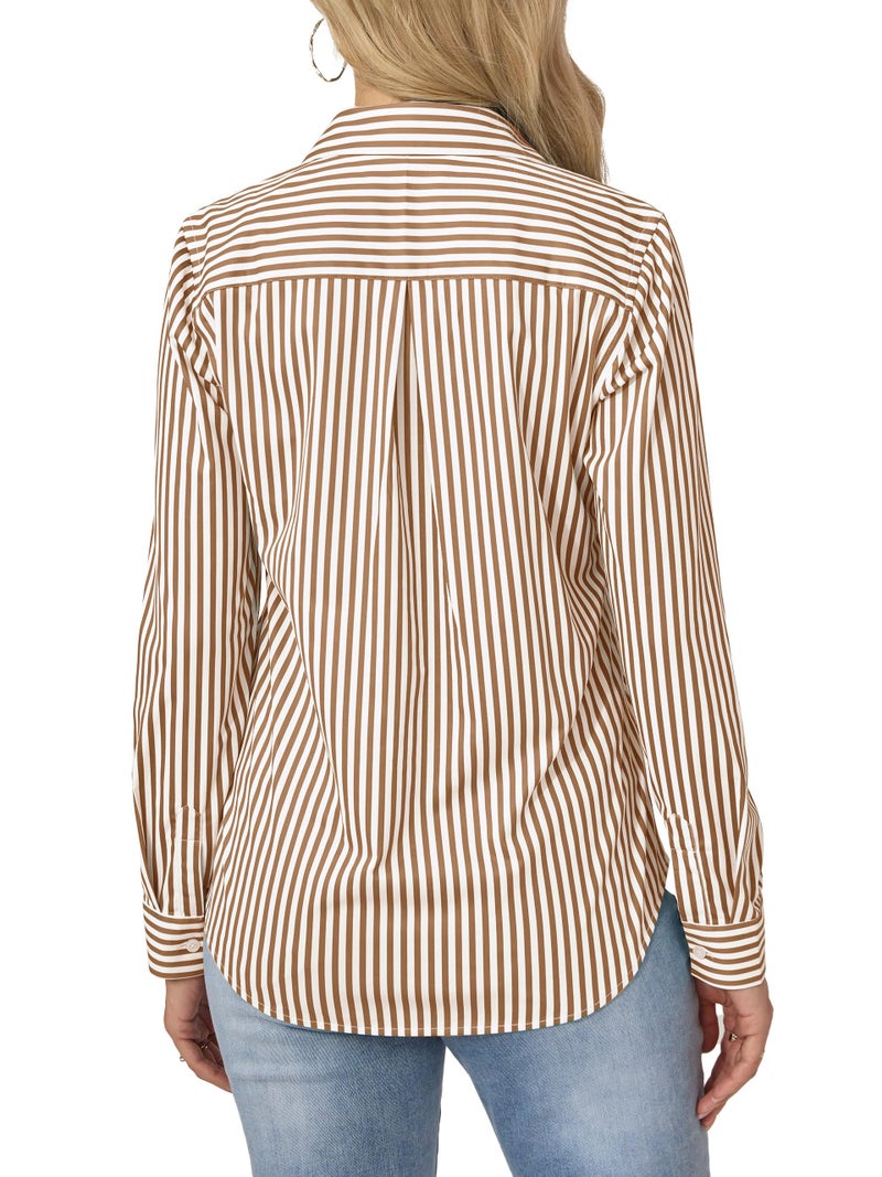 COUXILY Striped Button Down Shirts Business Casual Outfits for Women Dress Long Sleeve Silk Shirt Formal Blouses Collared Office Work Dressy Up Tops Blouse Wrinkle Free Brown and White Size L - Image 5