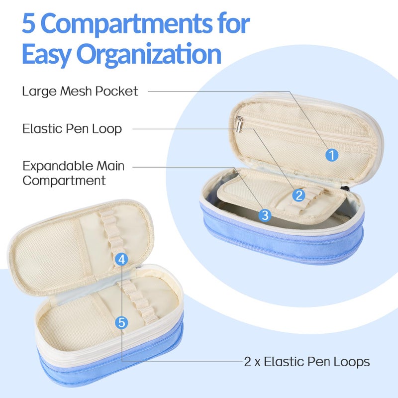Sooez حافظة أقلام سووز الكبيرة، حقيبة أقلام قابلة للتوسيع مع 5 حجرات، حقيبة قماش كبيرة بسعة عالية لتنظيم الأقلام بسحاب، حقيبة أدوات مكتبية محمولة، لوازم مدرسية جمالية لطيفة للفتيات المراهقات - Image 3