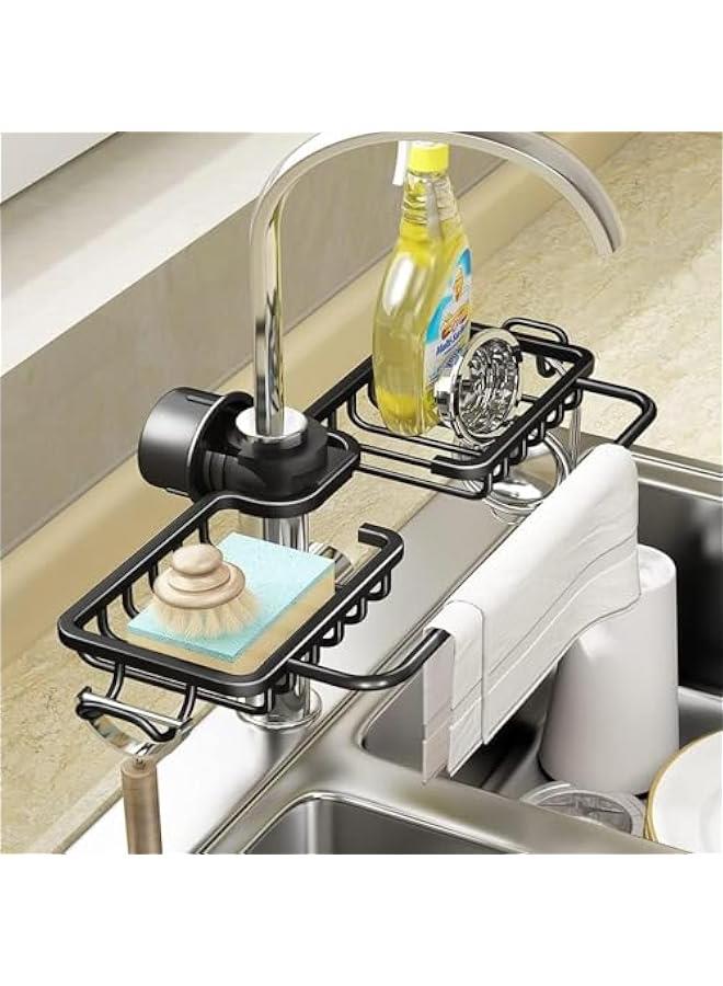 HOOKOR Faucet Kitchen Sink Caddy, Sponge Holder for Kitchen Sink, Kitchen Sink Organzier and Storage with High Brush Holder, Rustproof Kitchen Gadgets Dish Sponge Organizer with Dishcloth Rack (Black - Image 1