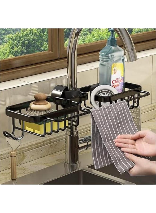 HOOKOR Faucet Kitchen Sink Caddy, Sponge Holder for Kitchen Sink, Kitchen Sink Organzier and Storage with High Brush Holder, Rustproof Kitchen Gadgets Dish Sponge Organizer with Dishcloth Rack (Black - Image 2