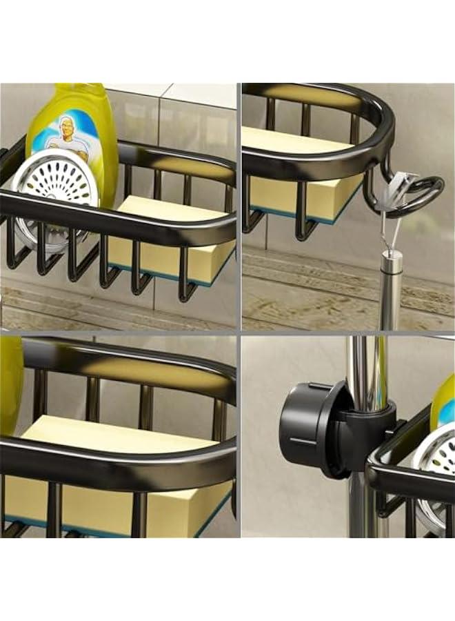 HOOKOR Faucet Kitchen Sink Caddy, Sponge Holder for Kitchen Sink, Kitchen Sink Organzier and Storage with High Brush Holder, Rustproof Kitchen Gadgets Dish Sponge Organizer with Dishcloth Rack (Black - Image 3