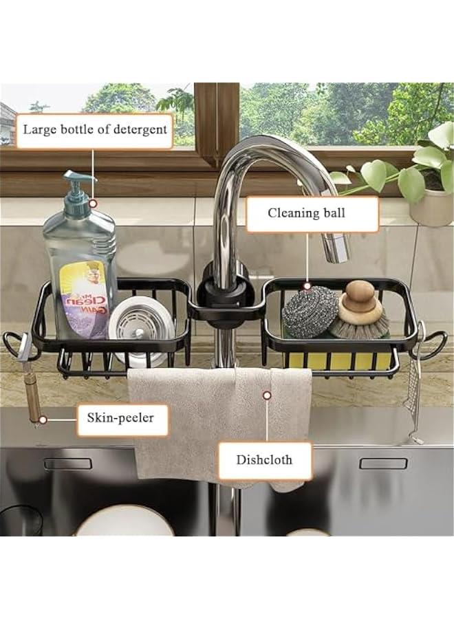 HOOKOR Faucet Kitchen Sink Caddy, Sponge Holder for Kitchen Sink, Kitchen Sink Organzier and Storage with High Brush Holder, Rustproof Kitchen Gadgets Dish Sponge Organizer with Dishcloth Rack (Black - Image 5