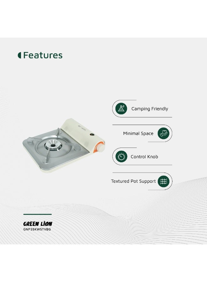 جرين ليون موقد محمول للاستخدام الخارجي بقوة 3.5 كيلو وات / التحكم في اللهب / الإشعال الإلكتروني / البوتان / الاحتراق المستمر لمدة 100 دقيقة / مدخنة رفيعة للغاية - بيج - Image 2