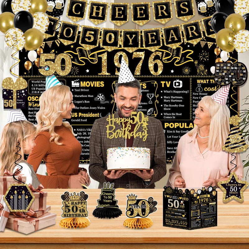 Juesly 50th Birthday Decorations for Men Women, 22PCS 1976 Banner Decorations, Including Banner, 6 Honeycomb Topper, 50 Balloons, Cheers to 50 Years Banner, 7 Hanging Swirl, 4 Paper Poms, Anniversary Card - Image 5