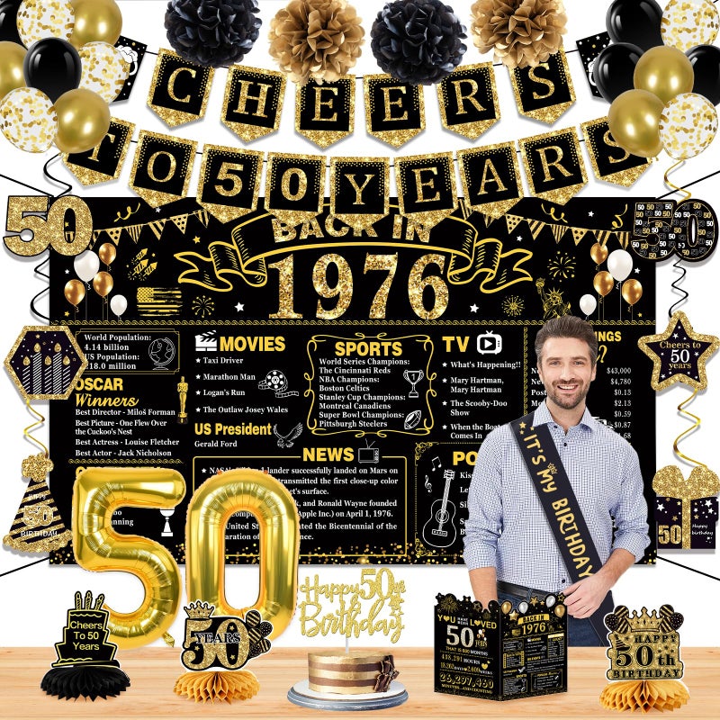 Juesly 50th Birthday Decorations for Men Women, 22PCS 1976 Banner Decorations, Including Banner, 6 Honeycomb Topper, 50 Balloons, Cheers to 50 Years Banner, 7 Hanging Swirl, 4 Paper Poms, Anniversary Card - Image 1