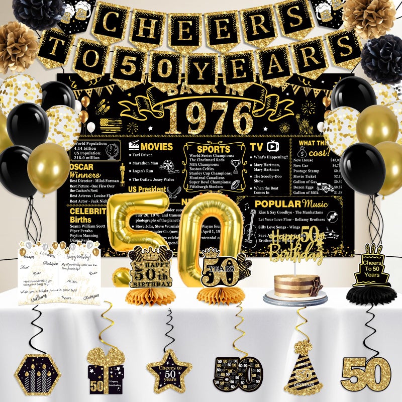 Juesly 50th Birthday Decorations for Men Women, 22PCS 1976 Banner Decorations, Including Banner, 6 Honeycomb Topper, 50 Balloons, Cheers to 50 Years Banner, 7 Hanging Swirl, 4 Paper Poms, Anniversary Card - Image 2
