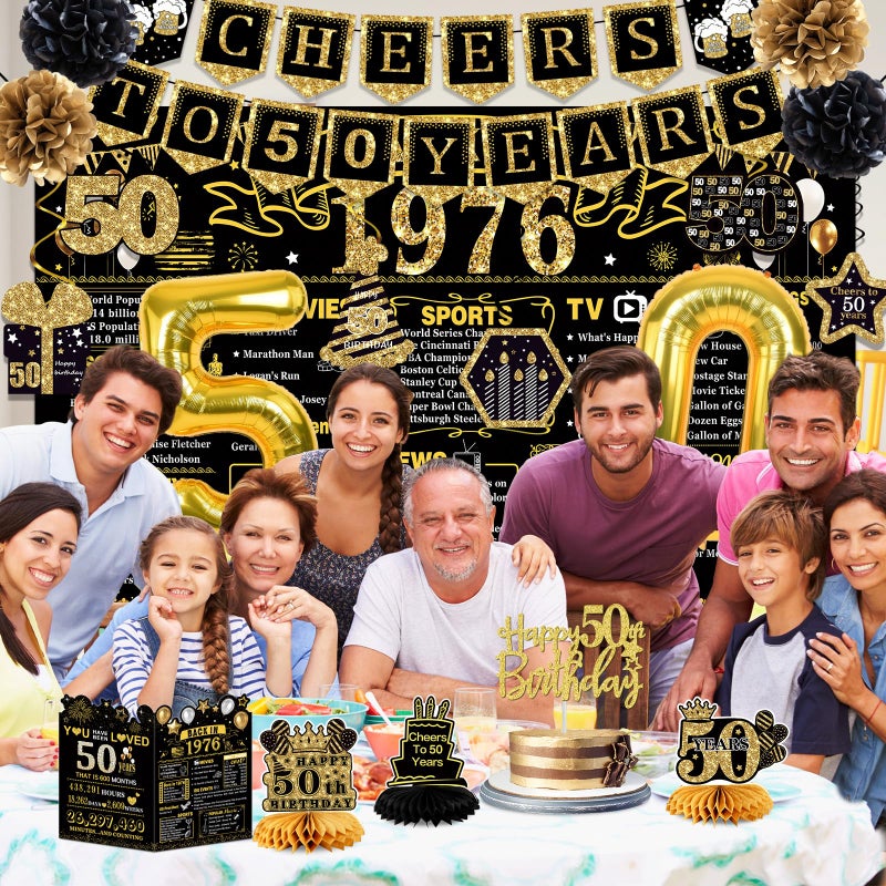 Juesly 50th Birthday Decorations for Men Women, 22PCS 1976 Banner Decorations, Including Banner, 6 Honeycomb Topper, 50 Balloons, Cheers to 50 Years Banner, 7 Hanging Swirl, 4 Paper Poms, Anniversary Card - Image 4