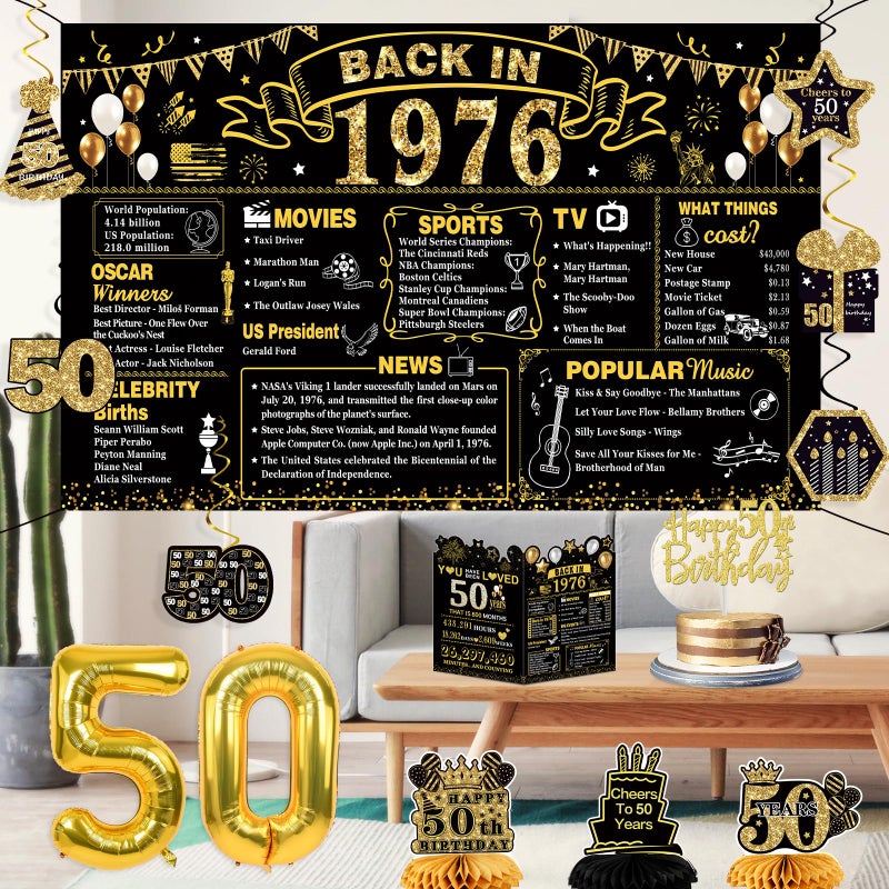 Juesly 50th Birthday Decorations for Men Women, 22PCS 1976 Banner Decorations, Including Banner, 6 Honeycomb Topper, 50 Balloons, Cheers to 50 Years Banner, 7 Hanging Swirl, 4 Paper Poms, Anniversary Card - Image 3