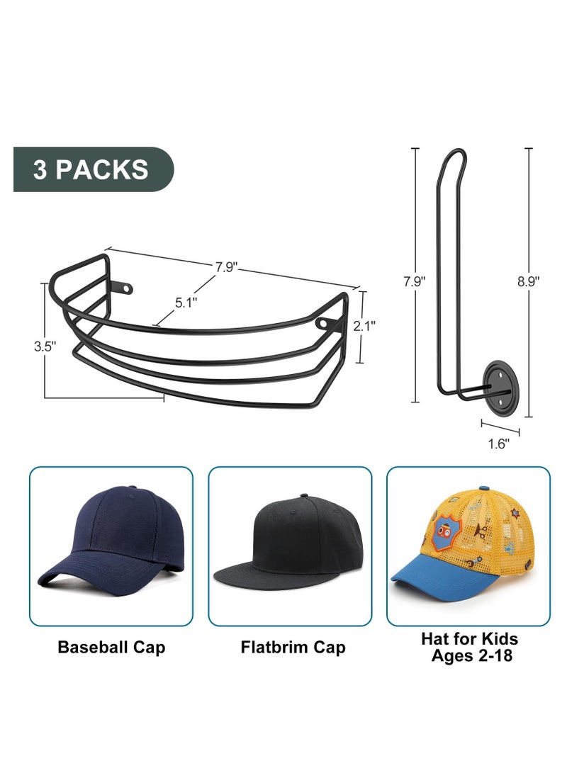 KASTWAVE Hat Organizer, Hat Rack for Baseball Caps, Hat Rack for Wall and Door, 3 Pack Metal Hat Hangers for Closet Cap Rack Wall Mount Ball Cap Holder for Bedroom Entryway Black - Image 2