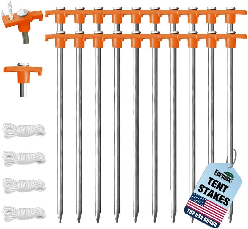 Eurmax USA Galvanized Non-Rust Camping Family Tent Pop Up Tent Stakes Ice Tools Heavy Duty 20pc-Pack, with 4x10ft Ropes & 1 Orange Stopper - Image 1
